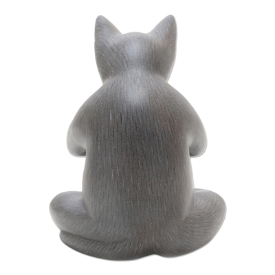 Wood statuette, 'Grateful Cat in Grey' - Hand Carved Suar Wood Cat Statuette