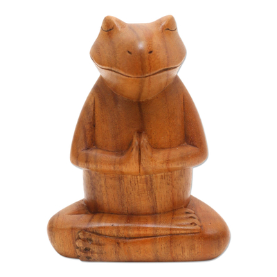 Wood statuette, 'Deep in Meditation' - Hand Carved Suar Wood Frog Statuette