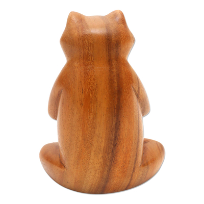 Wood statuette, 'Deep in Meditation' - Hand Carved Suar Wood Frog Statuette