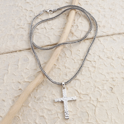 Sterling silver pendant necklace, 'Captivating Cross' - Hammered High Polish Sterling Silver Cross Pendant Necklace