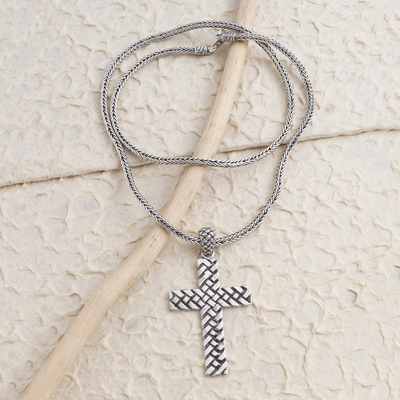 Sterling silver pendant necklace, 'Woven Cross' - Oxidized Sterling Silver Basketweave Cross Pendant Necklace