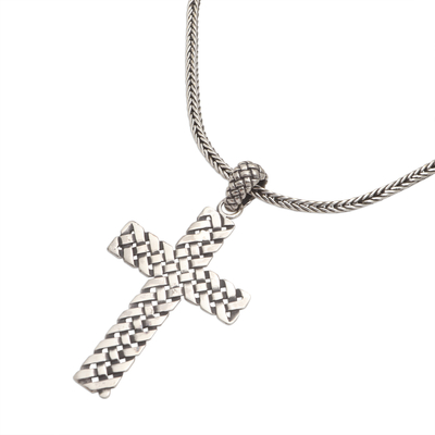 Collar colgante de plata esterlina - Collar con colgante de cruz de tejido de cesta de plata de ley oxidada