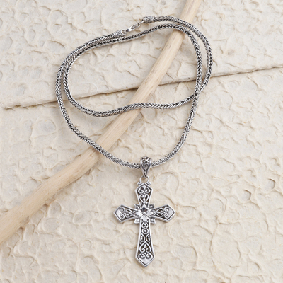 Sterling silver pendant necklace, 'Cross Your Heart' - Balinese Sterling Silver Cross Pendant Necklace