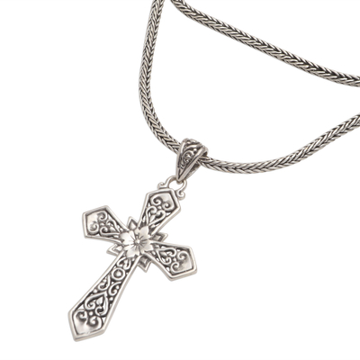 Sterling silver pendant necklace, 'Cross Your Heart' - Balinese Sterling Silver Cross Pendant Necklace