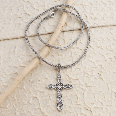 Sterling silver cross pendant necklace, 'Blossoming Reverence' - Oxidized Sterling Silver Cross Pendant Necklace