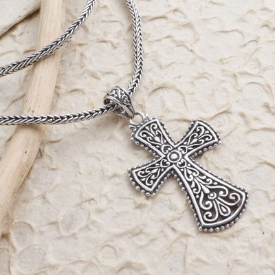 Sterling silver cross pendant necklace, 'Modern Faith' - Oxidized Sterling Silver Cross Pendant Necklace