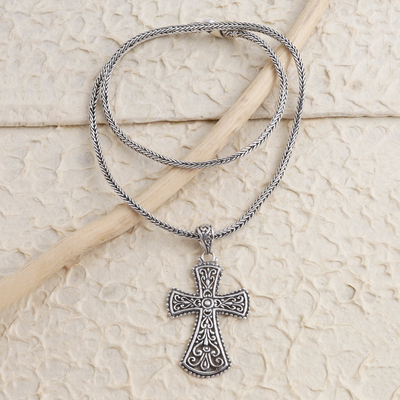 Sterling silver cross pendant necklace, 'Modern Faith' - Oxidized Sterling Silver Cross Pendant Necklace