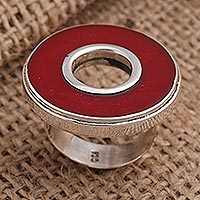 Sterling silver cocktail ring, 'In the Round - Red' - Red Resin and Sterling Silver Cocktail Ring