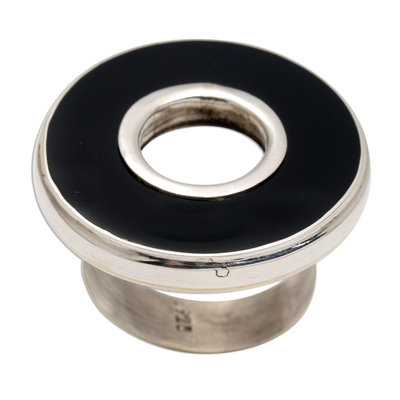 Sterling silver cocktail ring, 'In the Round - Black' - Black Resin and Sterling Silver Cocktail Ring