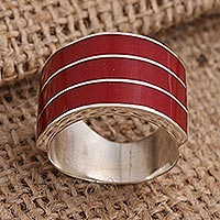 Sterling silver band ring, 'Band of Three - Red'