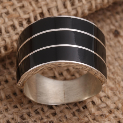 Sterling silver band ring, 'Band of Three - Black' - Triple Band Ring Black Resin Sterling Silver