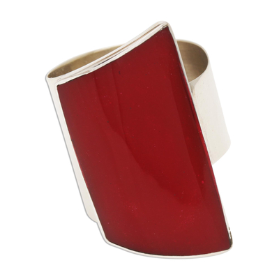 Sterling silver cocktail ring, 'Red Trapeze' - Red Resin and Sterling Silver Chunky Cocktail Ring