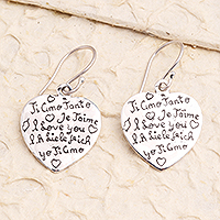 Sterling silver dangle earrings, 'Ti Amo' - Hand Made Sterling Silver Heart Dangle Earrings
