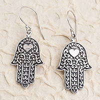 Sterling silver dangle earrings, 'Hamsa Hands' - Hand Made Sterling Silver Dangle Earrings