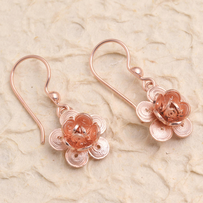 Rose gold plated filigree dangle earrings, 'Lucky Blossom' - Hand Crafted Rose Gold Plated Flower Dangle Earrings
