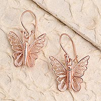 Rose gold plated filigree dangle earrings, 'Spirited Butterfly' - Hand Crafted Rose Gold Plated Butterfly Dangle Earrings