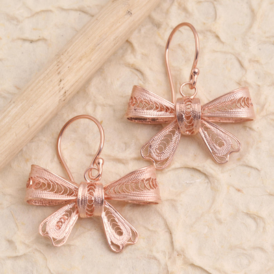 Rose gold plated filigree dangle earrings, 'Lovely Ribbon' - Hand Crafted Rose Gold Plated Dangle Earrings