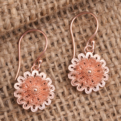 Rose gold plated filigree dangle earrings, Circle Beauty