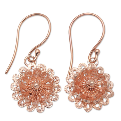 Rose gold plated filigree dangle earrings, 'Circle Beauty' - 18k Rose Gold Plated Sterling Silver Dangle Earrings