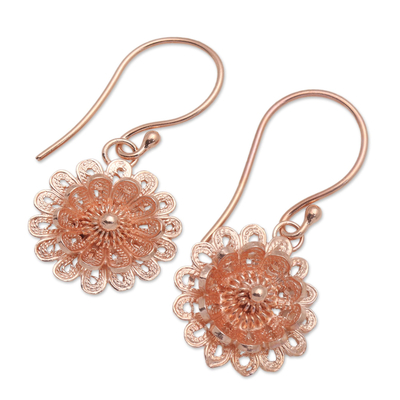 Rose gold plated filigree dangle earrings, 'Circle Beauty' - 18k Rose Gold Plated Sterling Silver Dangle Earrings