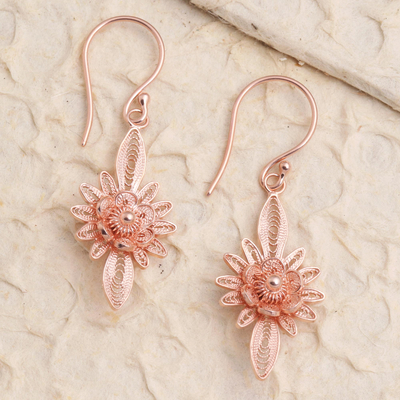 Rose gold plated filigree dangle earrings, 'Flower Lights' - Hand Crafted Rose Gold Plated Flower Dangle Earrings