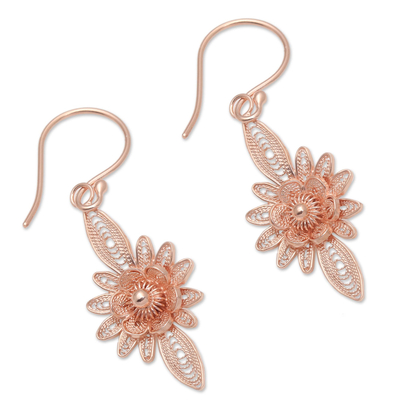 Rose gold plated filigree dangle earrings, 'Flower Lights' - Hand Crafted Rose Gold Plated Flower Dangle Earrings