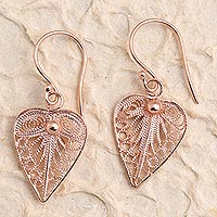 Rose gold plated filigree dangle earrings, 'Fall Leaf' - Artisan Made Sterling Silver Rose Gold Dangle Earrings