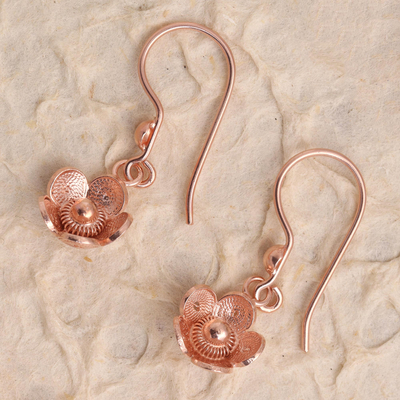 Rose gold plated filigree dangle earrings, 'Small Blossoms' - Hand Crafted Rose Gold Plated Flower Dangle Earrings