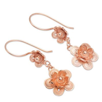 Rose gold plated filigree dangle earrings, 'Flower Artistry' - Hand Crafted Rose Gold Plated Flower Dangle Earrings