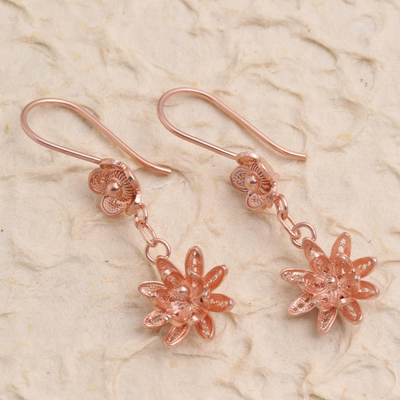 Rose gold plated filigree dangle earrings, 'Friendly Flowers' - Hand Crafted Rose Gold Plated Flower Dangle Earrings