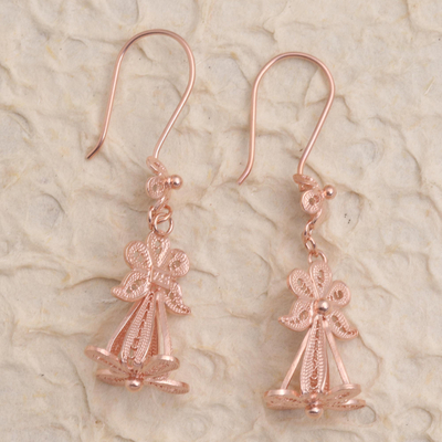 Rose gold plated filigree dangle earrings, 'Flower Wings' - Hand Crafted Rose Gold Plated Flower Dangle Earrings