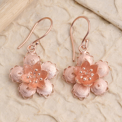 Rose gold plated filigree dangle earrings, 'Star Flowers' - Hand Crafted Rose Gold Plated Flower Dangle Earrings