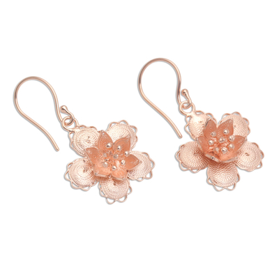 Rose gold plated filigree dangle earrings, 'Star Flowers' - Hand Crafted Rose Gold Plated Flower Dangle Earrings
