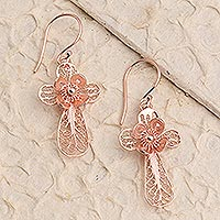 Rose gold plated filigree dangle earrings, 'Flower Cross' - Hand Crafted Rose Gold Plated Flower Dangle Earrings