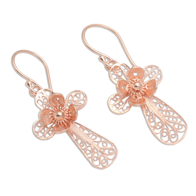 Rose gold plated filigree dangle earrings, 'Flower Cross' - Hand Crafted Rose Gold Plated Flower Dangle Earrings