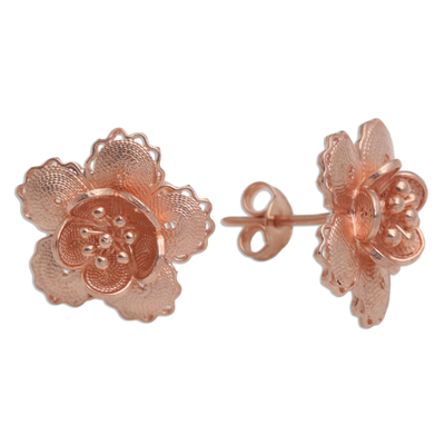 Rose gold plated filigree button earrings, 'Charming Flowers' - Hand Crafted Rose Gold Plated Flower Button Earrings