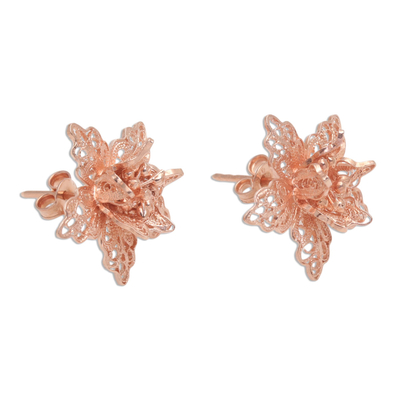 Rose gold plated filigree button earrings, 'Flower At Dawn' - Hand Crafted Rose Gold Plated Flower Button Earrings