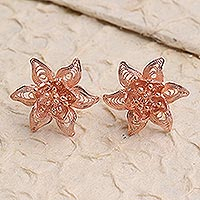 Rose gold plated filigree button earrings, 'Flower Joy' - Hand Made Rose Gold Plated Flower Button Earrings
