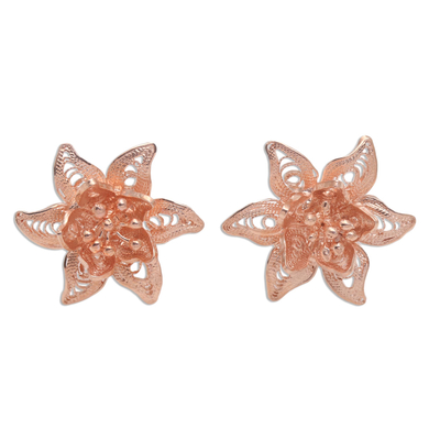 Rose gold plated filigree button earrings, 'Flower Joy' - Hand Made Rose Gold Plated Flower Button Earrings