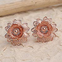 Rose gold plated filigree button earrings, 'Grateful Flower' - Hand Made Rose Gold Plated Flower Button Earrings