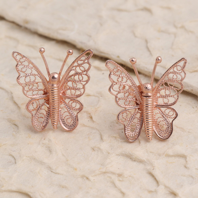 Rose gold plated filigree button earrings, 'Bright Butterflies' - Hand Made Rose Gold Plated Butterfly Button Earrings