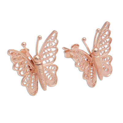Rosévergoldete filigrane Knopfohrringe - Handgefertigte Ohrringe mit rosévergoldeten Schmetterlingsknöpfen
