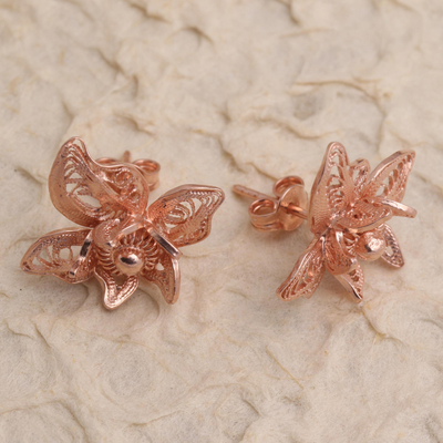 Rose gold plated filigree button earrings, 'Perfect Flower' - Hand Made Rose Gold Plated Flower Button Earrings