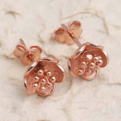 Rose gold plated filigree stud earrings, 'Impressive Flowers' - Hand Made Rose Gold Plated Flower Stud Earrings