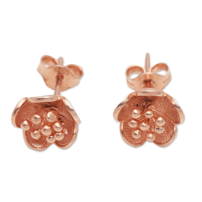 Rose gold plated filigree stud earrings, 'Impressive Flowers' - Hand Made Rose Gold Plated Flower Stud Earrings