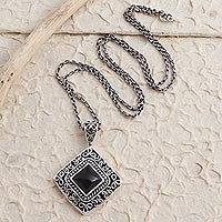 Onyx pendant necklace, 'Dark Dot' - Hand Made Sterling Silver Onyx Pendant Necklace