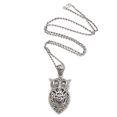 Sterling silver pendant necklace, 'Knowing Owl' - Hand Crafted Sterling Silver Owl Pendant Necklace