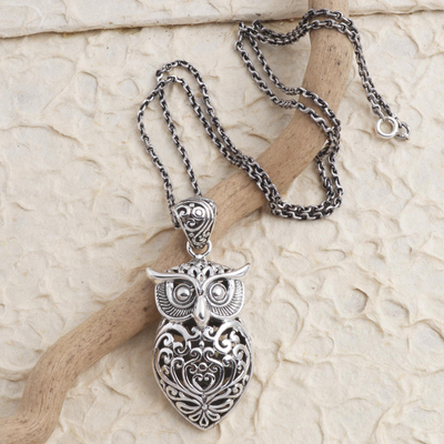 Sterling silver pendant necklace, 'Knowing Owl' - Hand Crafted Sterling Silver Owl Pendant Necklace