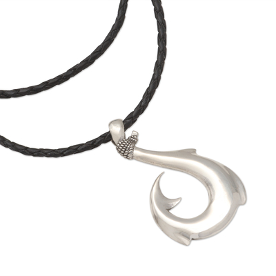 Sterling silver pendant necklace, 'Tremendous Hook' - Hand Crafted Sterling Silver and Leather Pendant Necklace