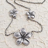 Sterling silver station necklace, 'Ancient Jepun' - Hand Made Sterling Silver Flower Station Necklace